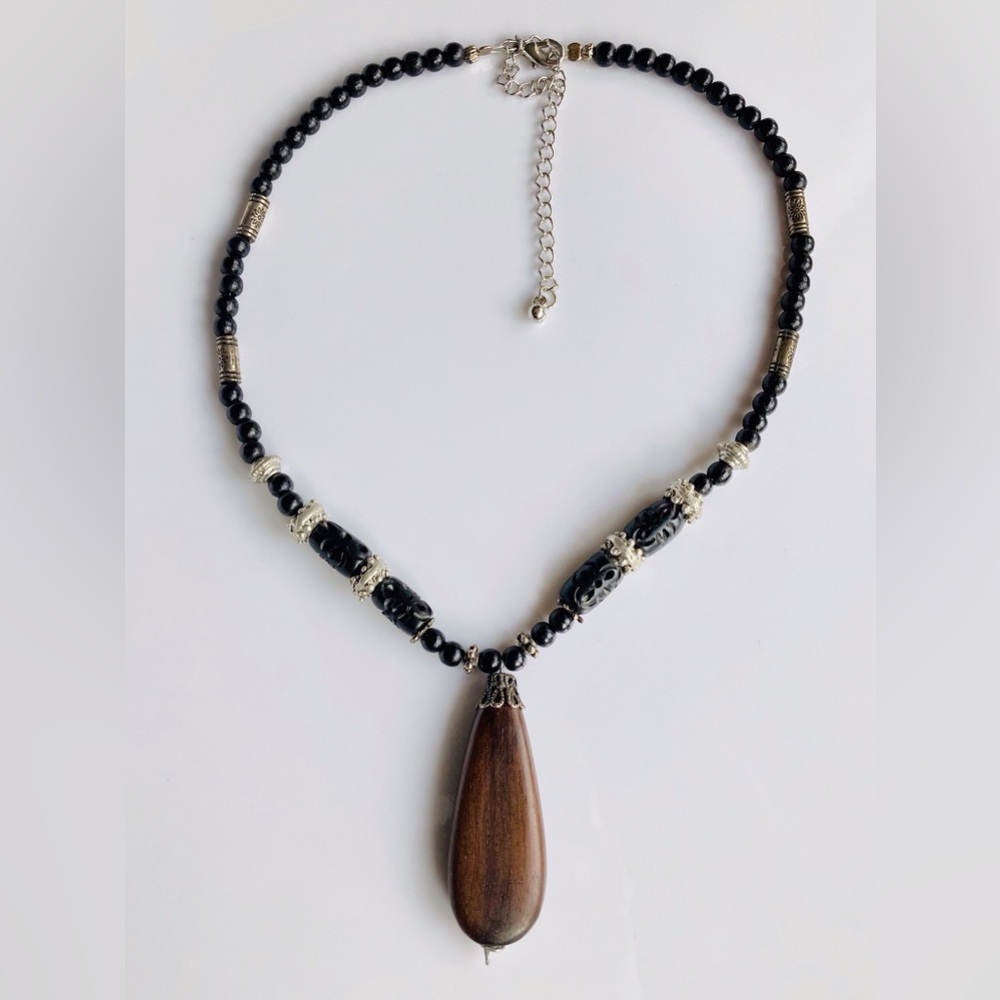 Black & Silver Tone Beads With Wood Teardrop Pendant Necklace